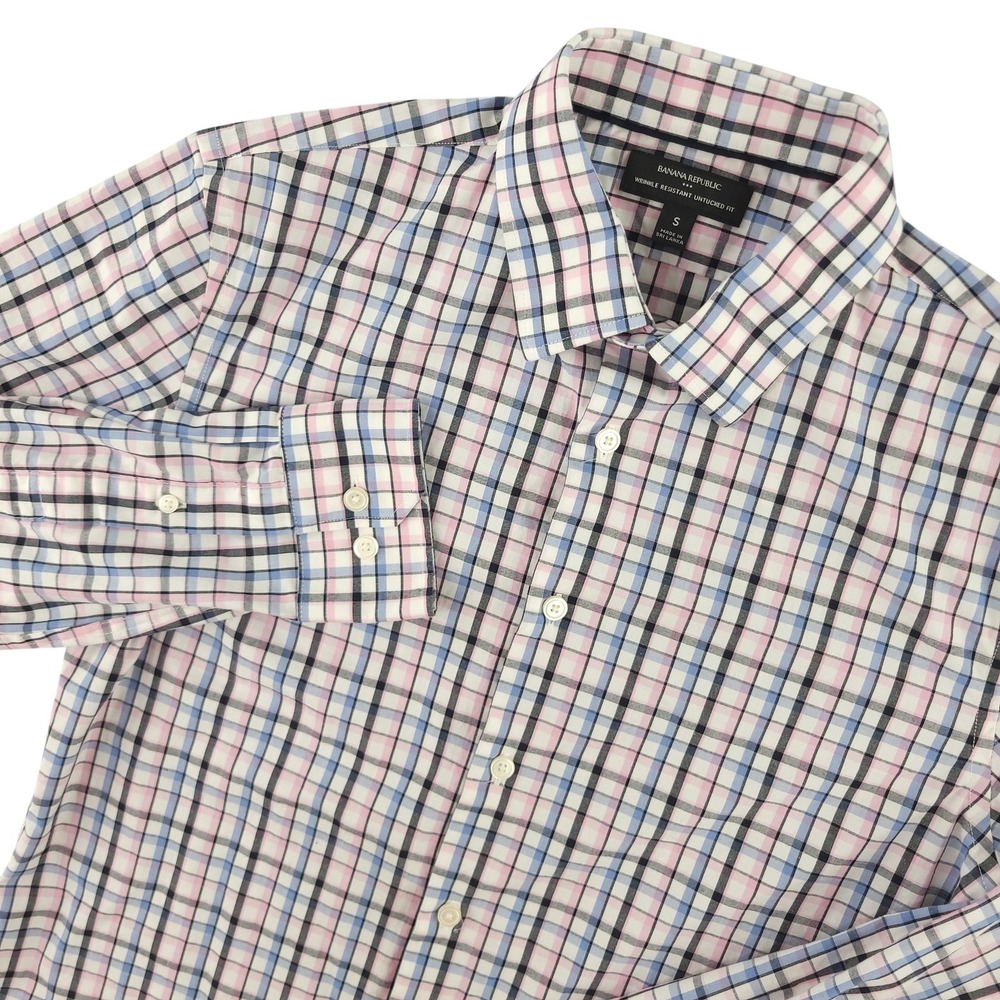 Banana Republic Shirt Mens S Plaid Long Sleeve Wrinkle Resistant Button Up
